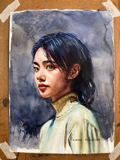 A portrait study exploring the balance of light and shadow on a youthful face, with a focus on the soft texture of the turtleneck sweater.