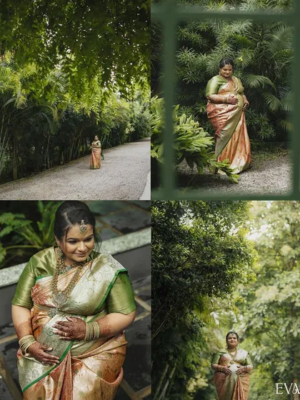 A four-panel collage capturing different moments from an outdoor maternity shoot. The images show the mother-to-be walking down a path and posing amidst the greenery, telling a story of her journey.