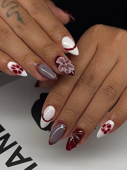 This set combines multiple advanced techniques: 3D floral sculpture, abstract color blocking, and delicate line work for a truly unique and artistic finish.