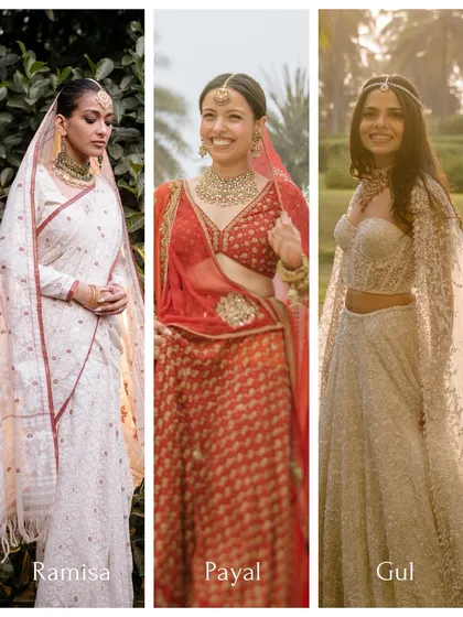 A triptych of three beautiful brides: Ramisa, Payal, and Gul. Each bride's unique style and personality shines through in these individual portraits from their wedding days.