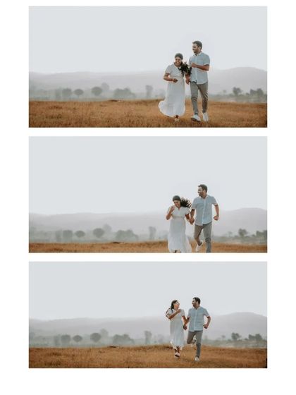 A sequence of shots showing the couple running playfully towards the camera, capturing their energy and happiness.
