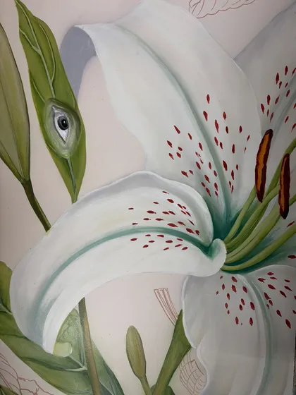 In my work, nature often holds a quiet observer. I hand-sculpted this eye and wove it into a painted leaf, adding a 3D, surreal element that invites you to look closer and find a deeper story.