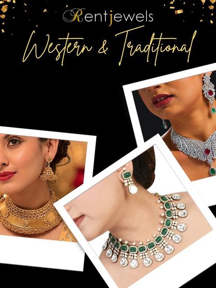 I offer a wide range of both Western and traditional jewels. This collage shows a traditional gold-plated choker, a modern emerald and diamond-look set, and a glamorous ruby choker, showcasing my diverse collection.