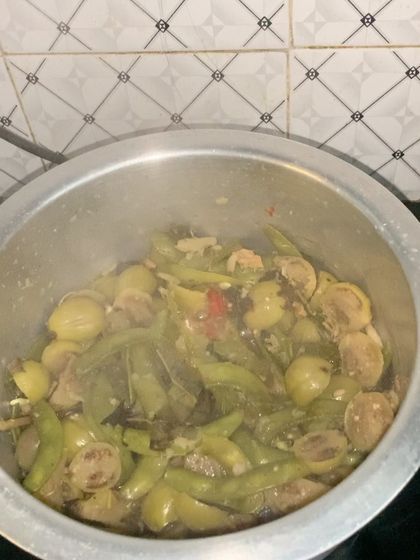 The bitter eggplant dish simmering away on the stove.