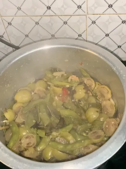 The bitter eggplant dish simmering away on the stove.