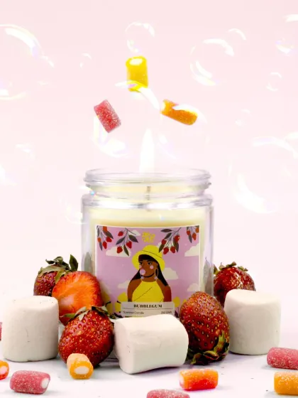 This bubblegum-scented candle called for a playful setup. I surrounded it with strawberries, marshmallows, and candy to bring its nostalgic and sweet fragrance to life, showing that product photography can also be fun and whimsical.