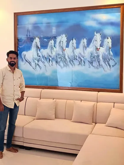This is one of my Vastu-inspired paintings featuring seven running horses, a symbol of success and momentum. I created this large-scale piece to bring positive energy and a powerful dynamic to the client's living space.