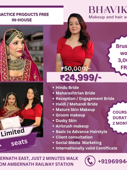 My course is designed to give you everything you need to start your career. From learning Hindu and Maharashtrian bridal makeup to advanced hairstyling and social media marketing, you get complete training at an affordable price, including a free professional brush set.