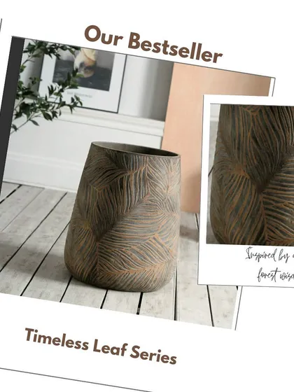 This is my bestselling Timeless Leaf Series, a collection I am very proud of. These planters are handcrafted from Glass Reinforced Cement, which makes them much lighter than traditional cement but just as durable. The hand-textured leaf engraving is inspired by the calm of the forest, perfect for bringing a peaceful, earthy feel to your home.