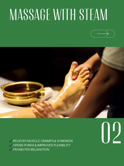 Massage with steam, known as Abhyanga and Sweda, is a foundational Ayurvedic treatment. It helps to relieve muscle soreness, open the pores for detoxification, and promote deep relaxation.