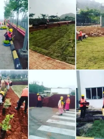 This collage shows our team engaged in various activities during the L&T project, from planting flowers and laying turf to preparing the ground. We handle every aspect of the project with our skilled labor force.