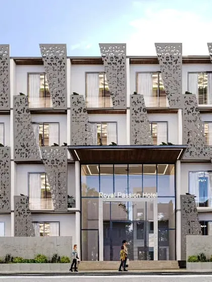 This is a concept for an upcoming hotel in Kanpur, demonstrating my approach to large-scale commercial architecture. The design utilizes minimalist principles and features a distinctive facade with geometric screen partitions, which provide privacy and sun shading while creating a visually striking pattern.