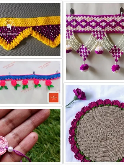 A collection of my work in purple, created for a Navratri color theme post. It shows various torans, coasters, and even a rakhi.