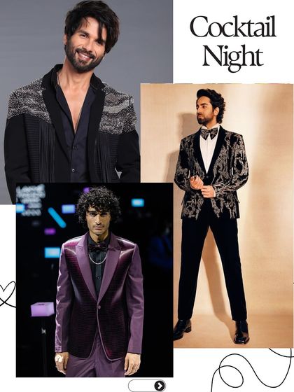 For your Cocktail Night, think sharp and sophisticated. This mood board features a black jacket with silver embroidery, a classic black tuxedo with a bow tie, and a rich purple velvet suit for a bold statement.