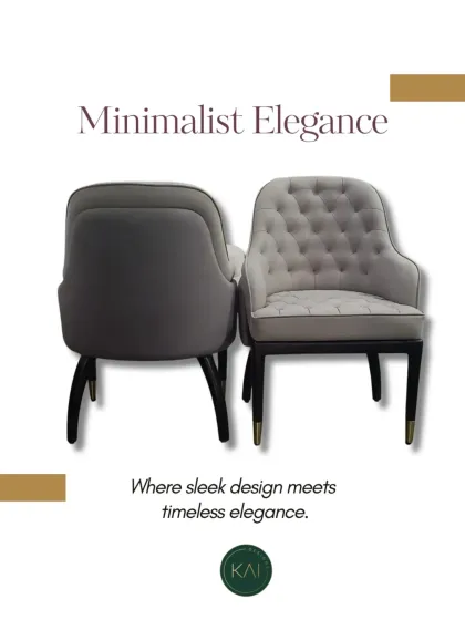 A showcase of our tufted dining or accent chair, viewed from the front and back. We used a two-tone fabric scheme and finished the legs with brass ferrules to create a look of minimalist elegance.