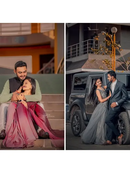 A diptych showing two different styles. One is a romantic, traditional look on the steps, and the other is a modern, stylish pose with a Mahindra Thar.