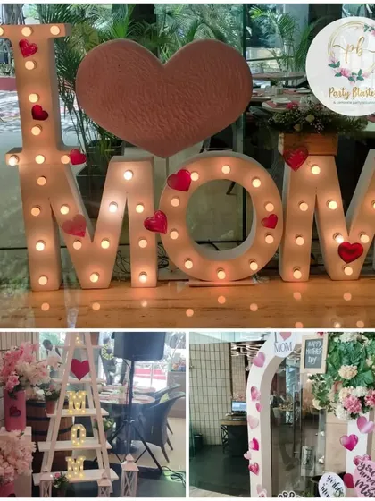 A collage of our Mother's Day decorations, featuring a large "I ❤️ MOM" marquee sign and other pink and white floral setups.