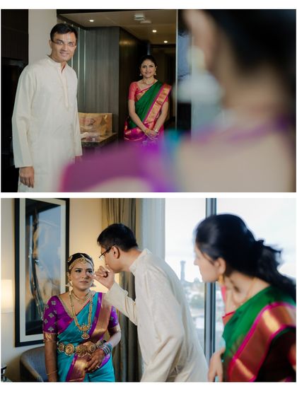 A collage showing the beautiful chaos of getting ready. A brother helping his sister with makeup is a perfect example of the sweet family moments we capture.