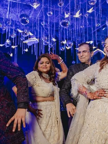 Get ready to groove, it's Sangeet time. A candid shot of the couple and their family enjoying the party.
