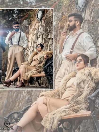 A collage that exudes vintage glamour. The couple poses on a rustic bench with confident, stylish flair, their outfits and the setting evoking the feel of a classic film.