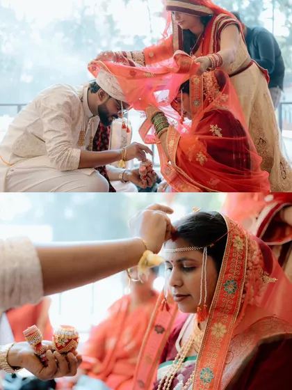 A collage capturing two key moments in a Hindu wedding ceremony: the tying of the sacred thread and the application of sindoor.
