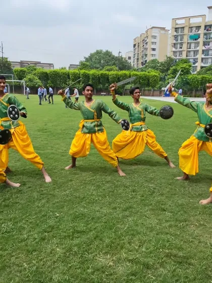 Our young warriors practicing their Chhau routine outdoors. The use of swords and shields is taught with utmost care, focusing on safety, form, and the historical context of the movements.