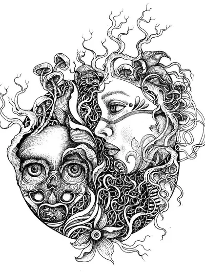 A finished piece exploring the classic theme of life and death. I often draw feminine forms alongside skulls and natural elements like mushrooms and roots, seeing them as part of the same cycle of growth, decay, and rebirth.