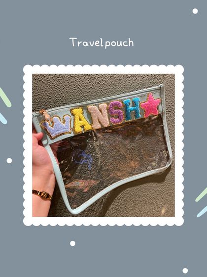 A closer look at our personalised travel pouch. It's the perfect size for makeup, toiletries, or any other essentials you need on the go.