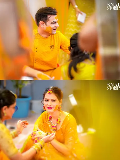 Candid moments from a Haldi ceremony, showing family applying turmeric to the bride and groom. We capture the interactive and fun-filled nature of this ritual.