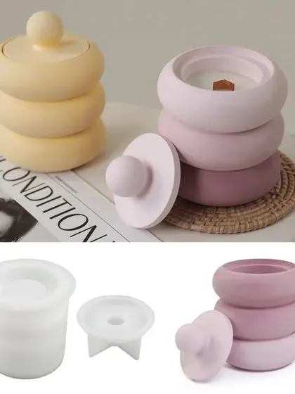 This image shows our tiered jar mould along with the finished product. The versatile design can be used to create stylish containers for candles, jewelry, or other small items.