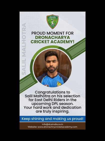 A proud moment for the academy as we celebrate Salil Malhotra's selection for the East Delhi Riders in the DPL. His hard work is an inspiration to all our trainees.