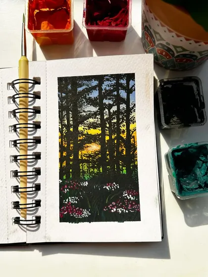 A recent sunset painting from my sketchbook series, featuring a forest silhouette against a glowing sky.