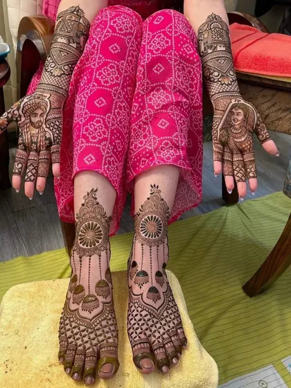 A stunning view of a complete bridal mehendi set, with Sikh couple portraits on the hands and intricate mandala designs on the feet.