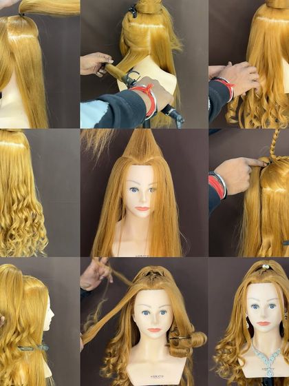 A step-by-step collage of the half-up, half-down curly hairstyle, perfect for students to review.