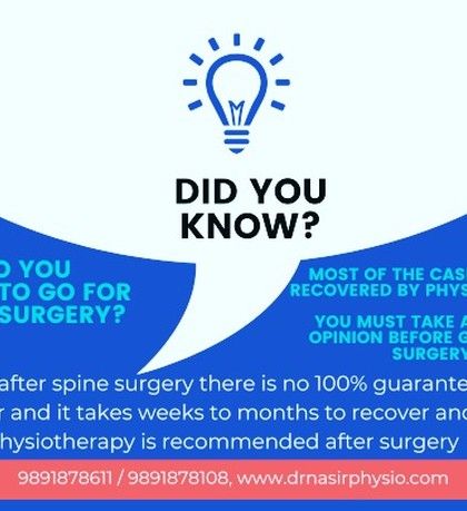 Are you considering spine surgery? It's important to know that many cases can be resolved with physiotherapy, and even after surgery, physiotherapy is essential for recovery. Always get a second opinion before making a decision.