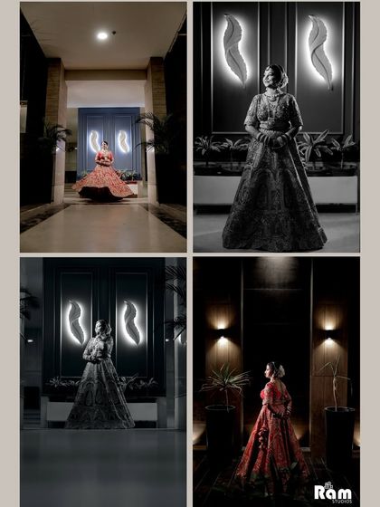 A collage of the bride's portraits in a modern setting, mixing black and white with color to create a stylish and dramatic series of images.