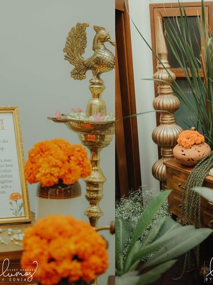 A collage featuring a traditional brass lamp and other decor details from the housewarming.