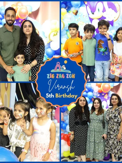 A collage of happy faces from Viransh's 5th birthday party! The kids enjoyed face painting, posing with friends, and celebrating with the whole family.