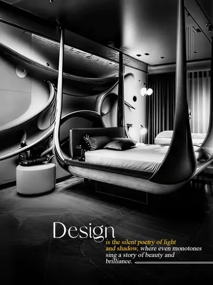 This bedroom is an example of pushing design boundaries. The suspended, futuristic bed and fluid wall panels create a space that is both a room and a sculpture. It demonstrates how I use monochrome palettes and the interplay of light and shadow to craft a story of beauty and brilliance.