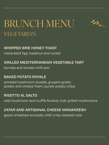 A vegetarian menu from another Sunday brunch, with dishes like Baked Potato Royale and a Grilled Mediterranean Vegetable Tart.