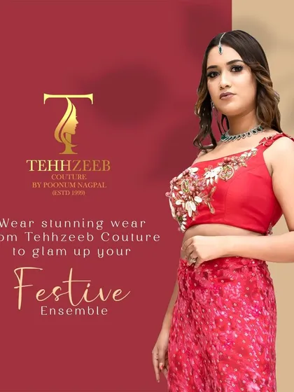 Glam up your festive ensemble with stunning wear from Tehhzeeb Couture. This red printed sharara set is a perfect choice.