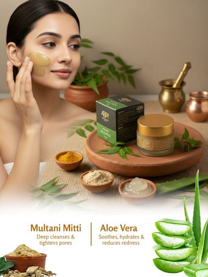 The core ingredients of my powder face pack: Multani Mitti to deep cleanse and tighten pores, and Aloe Vera to soothe, hydrate, and reduce redness.