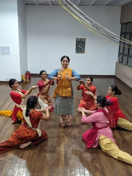Another moment from our 'Nadopasana' rehearsals, where my students form a circle around me. This formation represents the Guru-Shishya bond, with knowledge flowing from the center outwards.