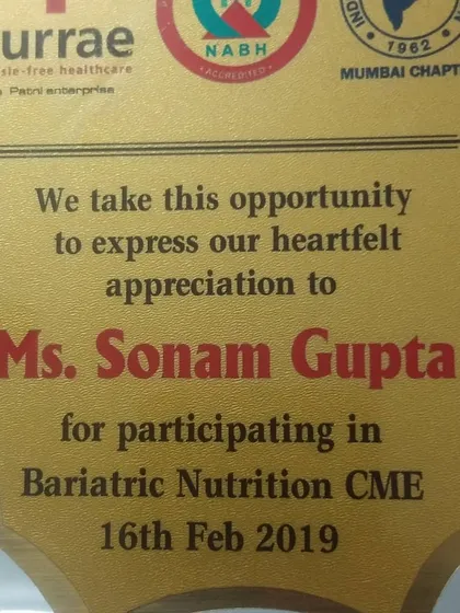 I was honored to receive this award for my participation in the Bariatric Nutrition CME in 2019. It's a testament to my dedication in this specialized area of clinical nutrition.