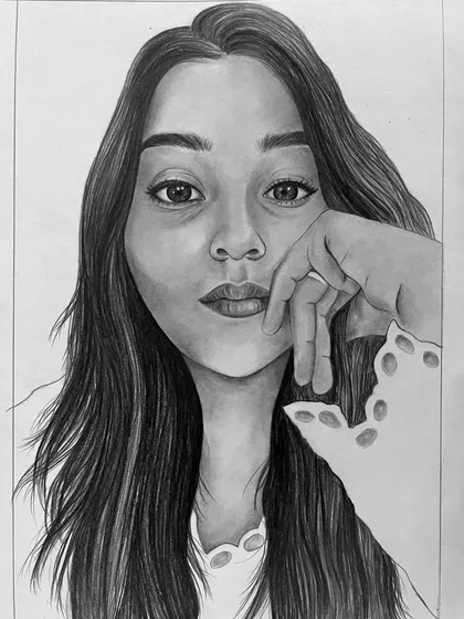 A modern and striking pencil portrait of a young woman. This custom sketch captures a candid, thoughtful expression.