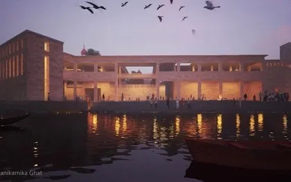 An evening rendering of the redeveloped Manikarnika Ghat in Varanasi, showing the structure illuminated against the water. This high-profile civic project demonstrates our ability to handle culturally sensitive designs that respect ancient rituals while providing modern, dignified facilities.