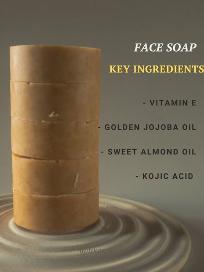 A look at the key ingredients in my solid face soap: Vitamin E, Golden Jojoba Oil, Sweet Almond Oil, and Kojic Acid. This combination provides a smoother, healthier glow.