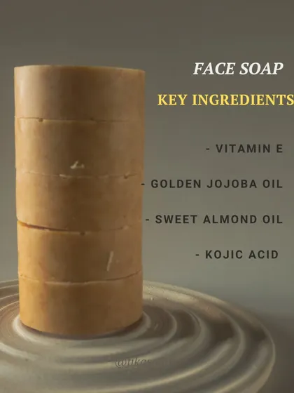 A look at the key ingredients in my solid face soap: Vitamin E, Golden Jojoba Oil, Sweet Almond Oil, and Kojic Acid. This combination provides a smoother, healthier glow.