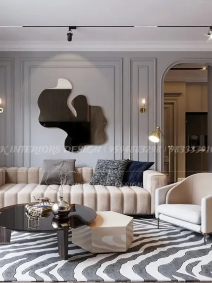 A concept for a luxurious living room, focusing on texture and form. The channel-tufted sofa, abstract mirror, and sculptural armchair create a highly curated look.