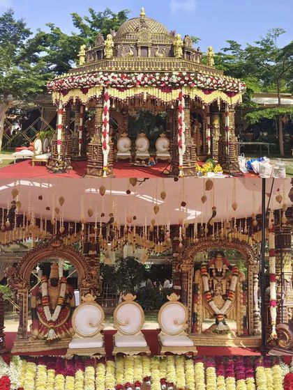 A look at our traditional mandap designs, featuring intricate pillars, lush floral garlands of marigolds and jasmine, and a sacred space for the wedding rituals.